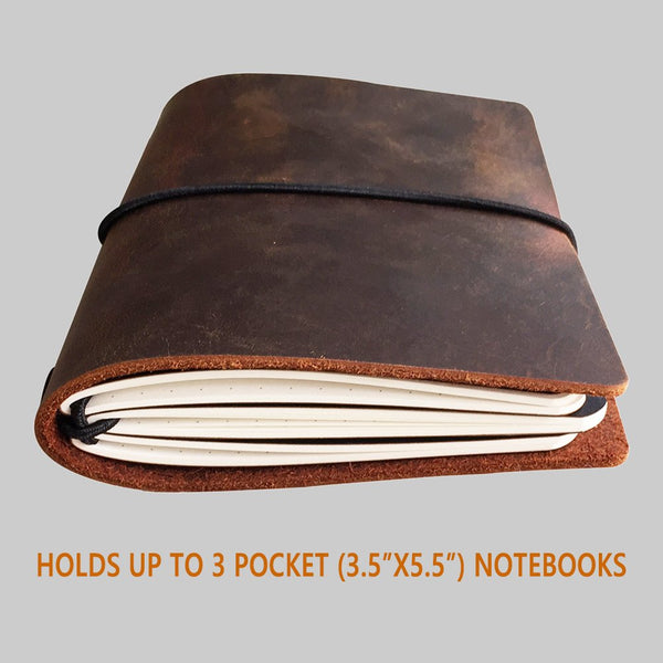 Pocket Travelers Notebook, Refillable Leather Travel Journal for Men & Women, Notebook Cover for Field Notes, Moleskine Small 3.5 x 5.5 Inches, Brown